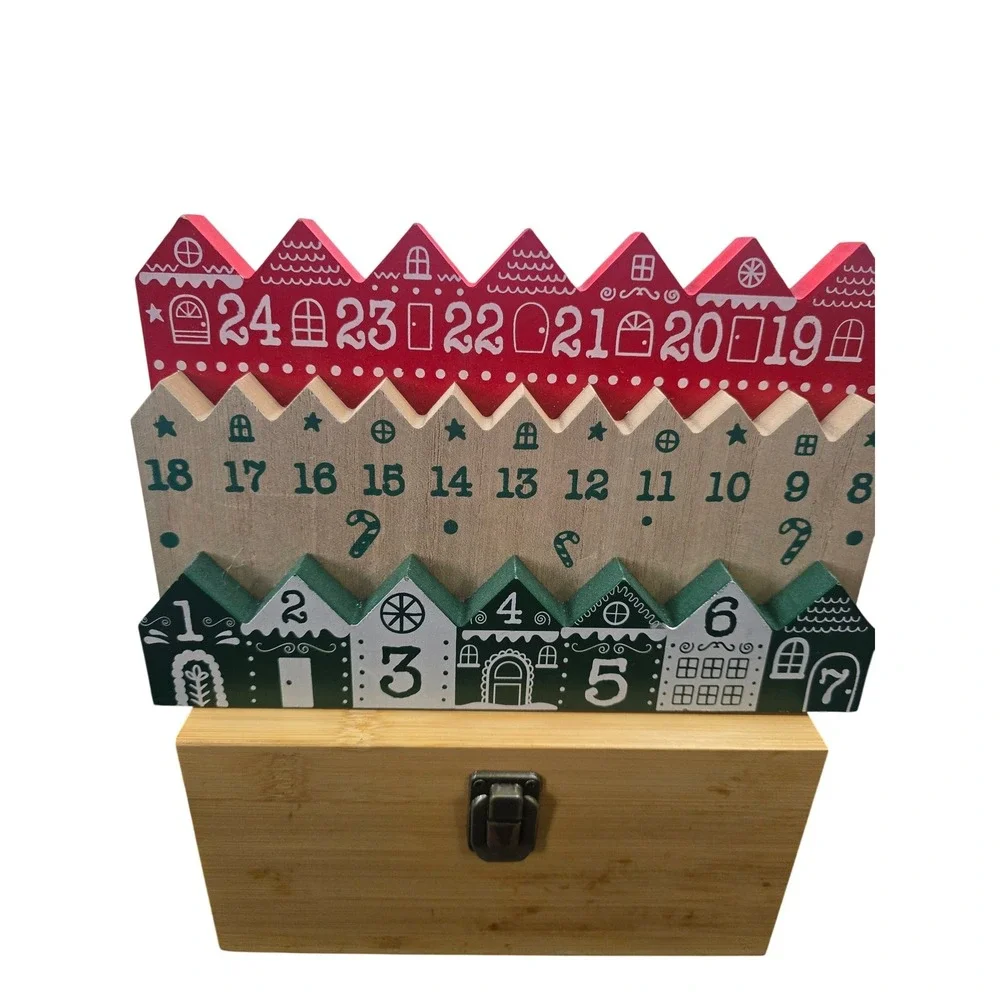 Wooden Christmas Village Advent Calendar Elf Countdown Timer with‎ Storage Box